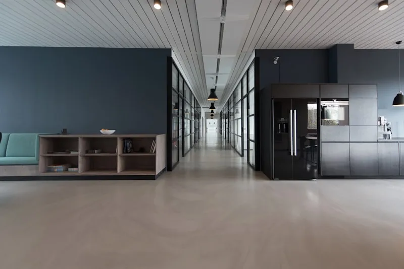Modern office workspace with financial reports spread across a desk