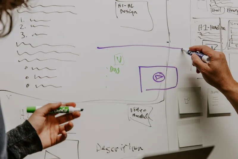 Whiteboard covered with business strategy notes and margin calculations